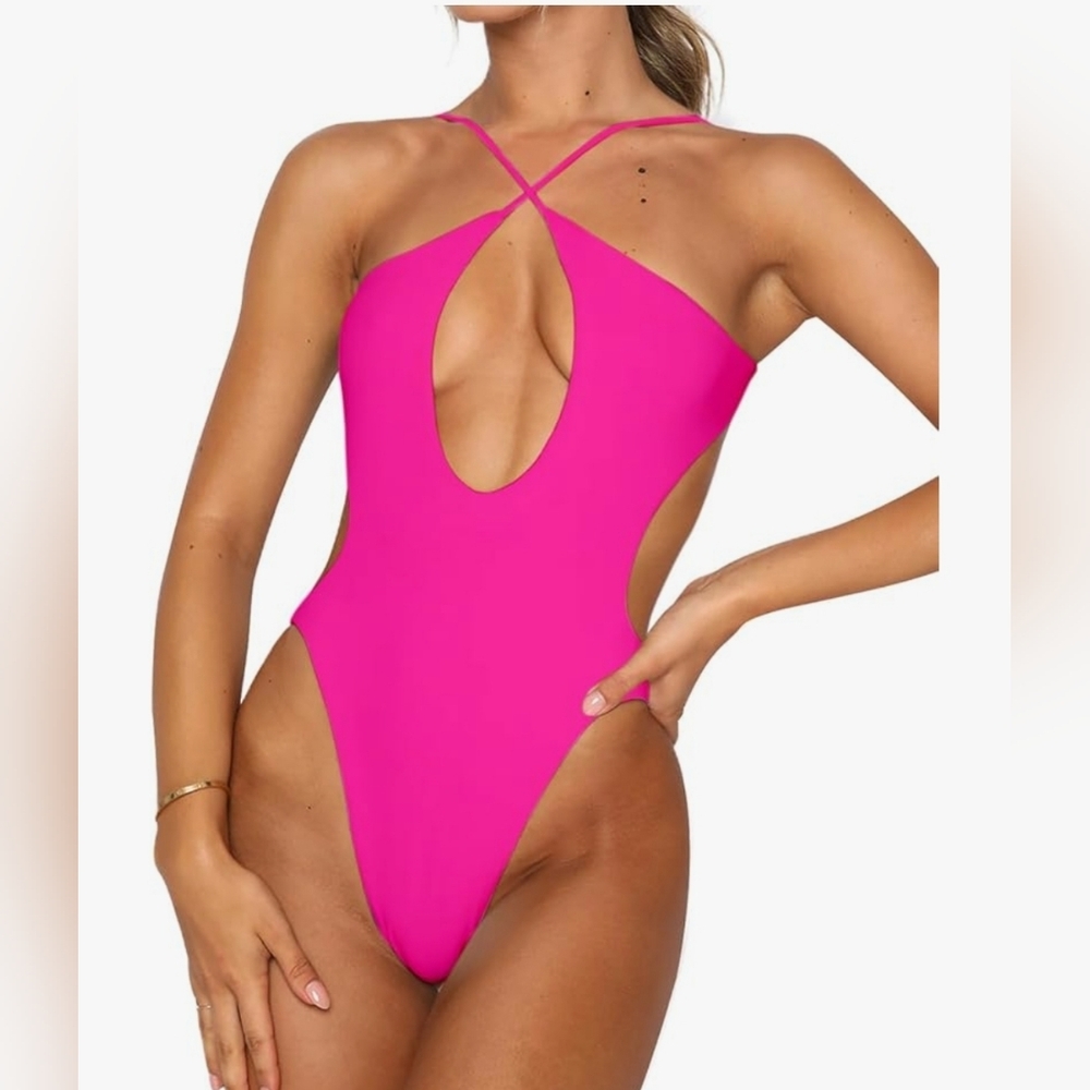 Medium Sexy One Piece Swimsuit Halter Neck Cut Out Sides Pink Criss Cross